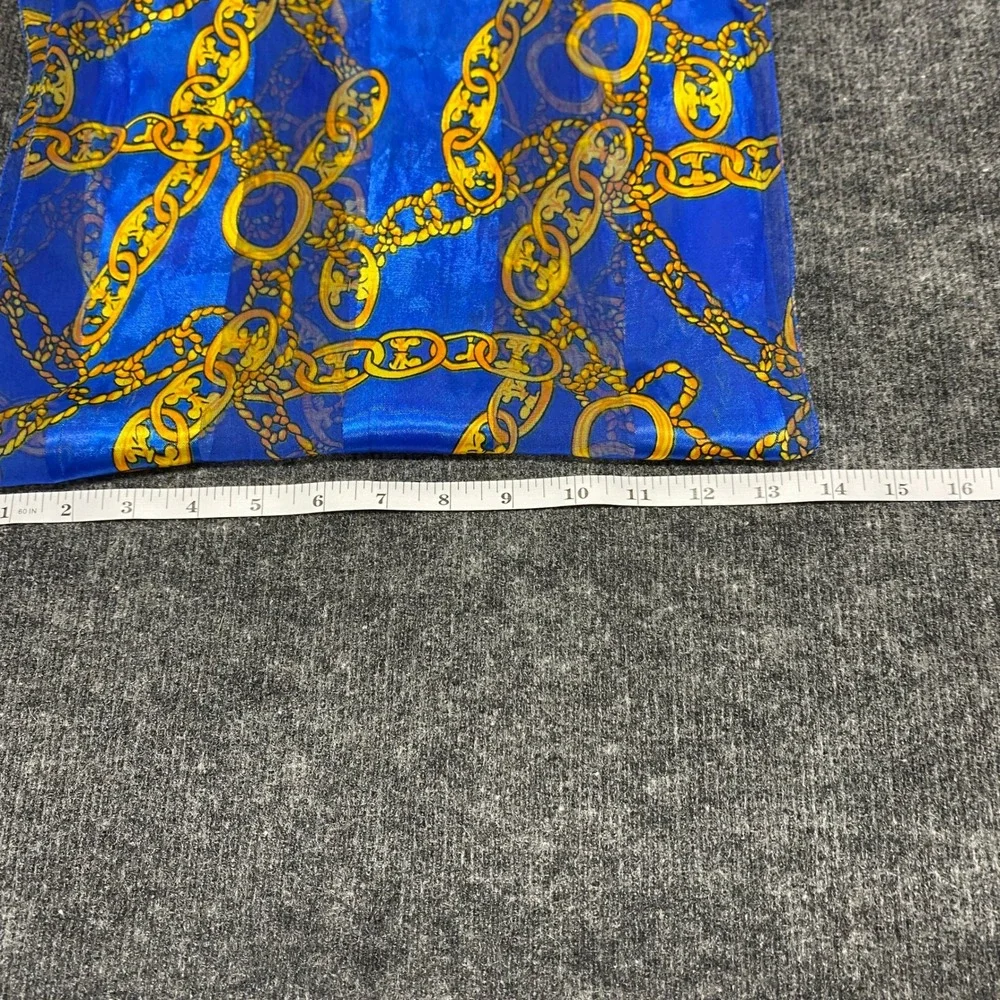 Vintage Style Gold Chain Link Blue Striped Lightweight Silk Feel Scarf
